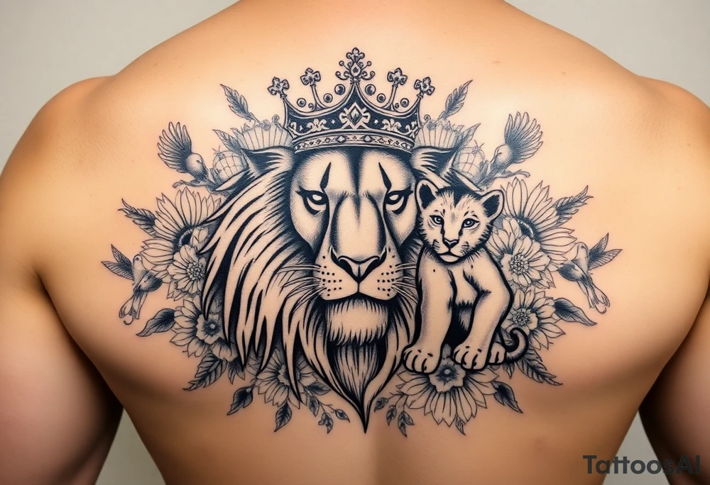 powerful majestic lion and cub with a crown, surrounded by floral ornaments and birds tattoo idea
