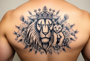powerful majestic lion and cub with a crown, surrounded by floral ornaments and birds tattoo idea