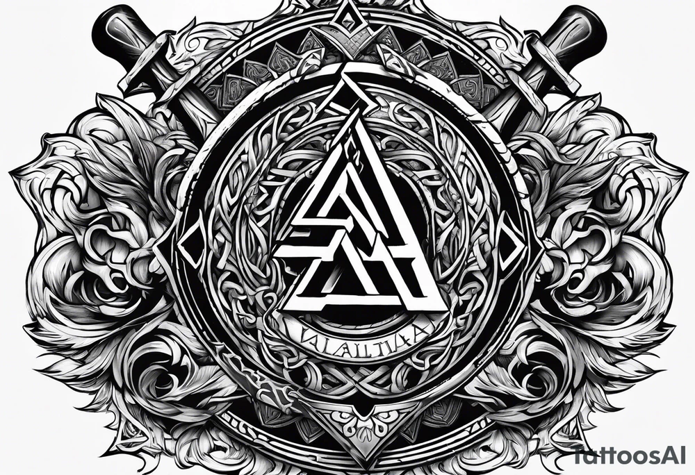Valhalla shield valknut sword axe flames cloud tattoo idea Valhalla shield valknut sword axe flames cloud tattoo idea