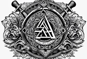 Valhalla shield valknut sword axe flames cloud tattoo idea