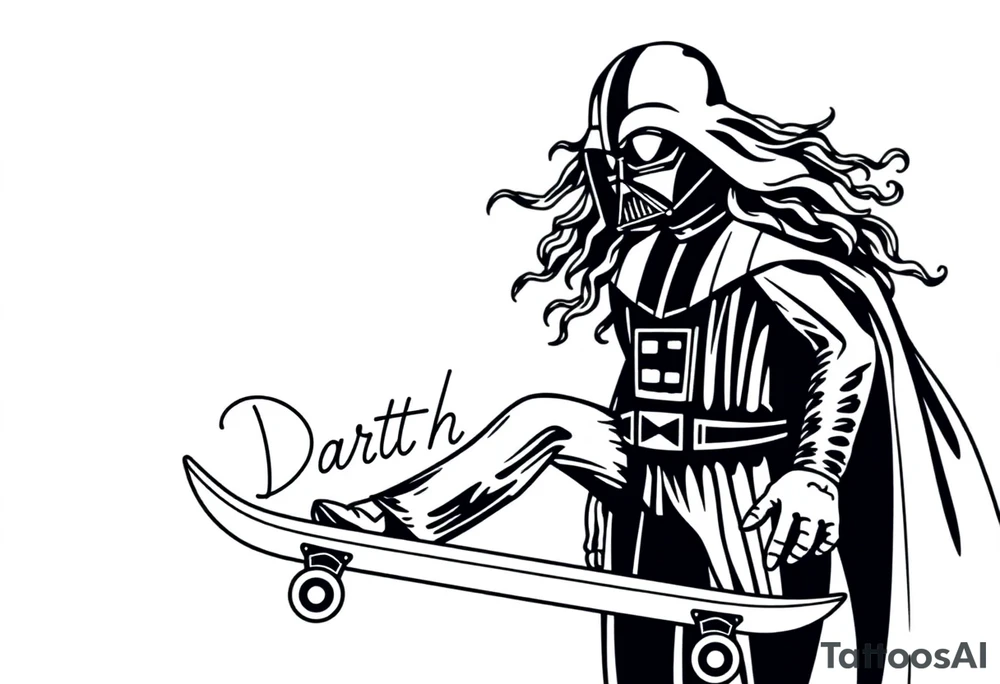Skateboarding TALL Darth Vader with long curly hair
WORDS in star wars font "Darth Carter"
12/29/88-01/06/24 tattoo idea