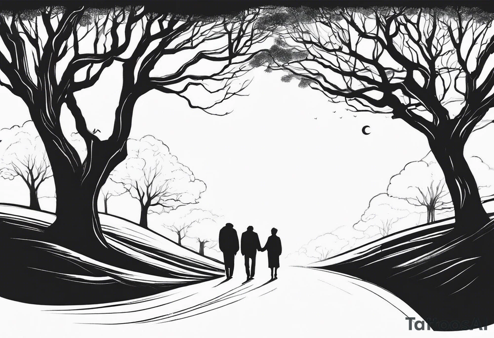 A tree, underneath the tree place an old man and his adult son into distance, same side of tree tattoo idea