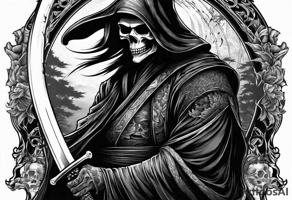 katana with grim reaper and skull tattoo idea