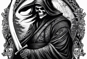 katana with grim reaper and skull tattoo idea