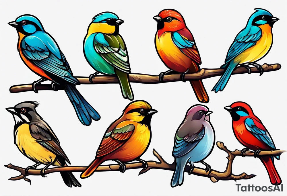 Seven small, colorful birds tattoo idea