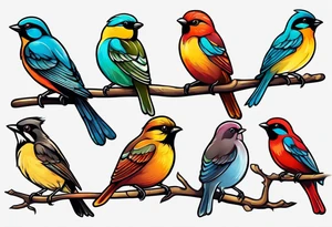 Seven small, colorful birds tattoo idea
