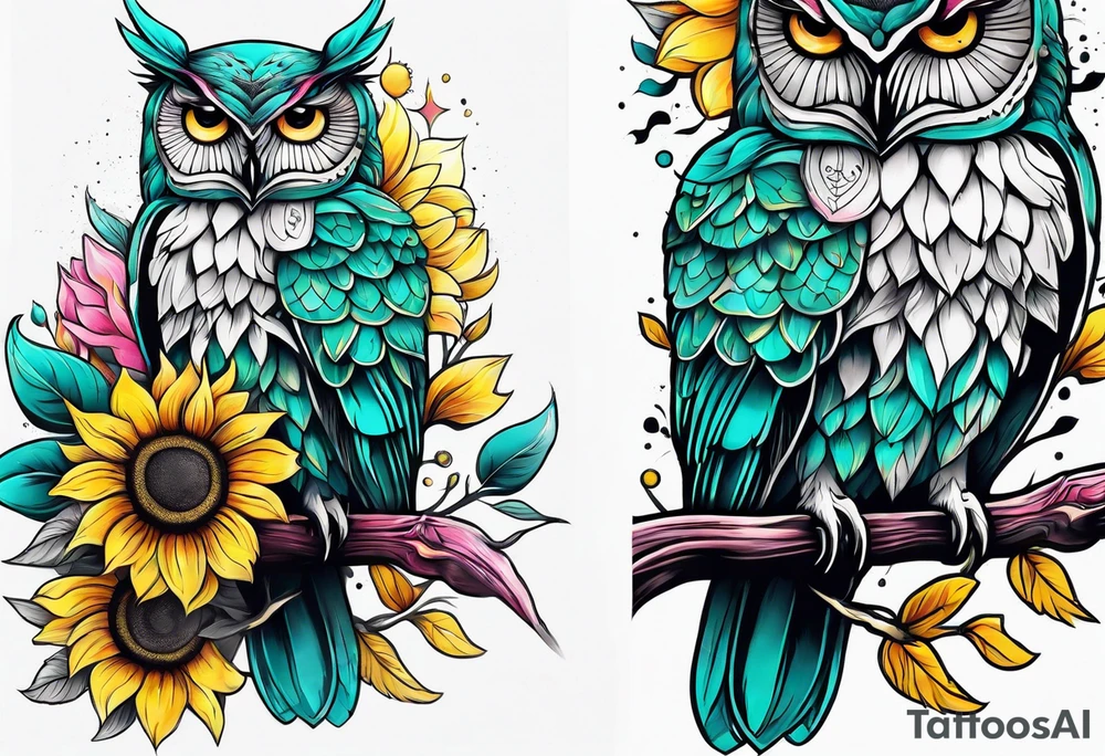 Sleeve with teal, pink and yellow owl and yellow sunflowers tattoo idea