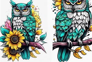 Sleeve with teal, pink and yellow owl and yellow sunflowers tattoo idea
