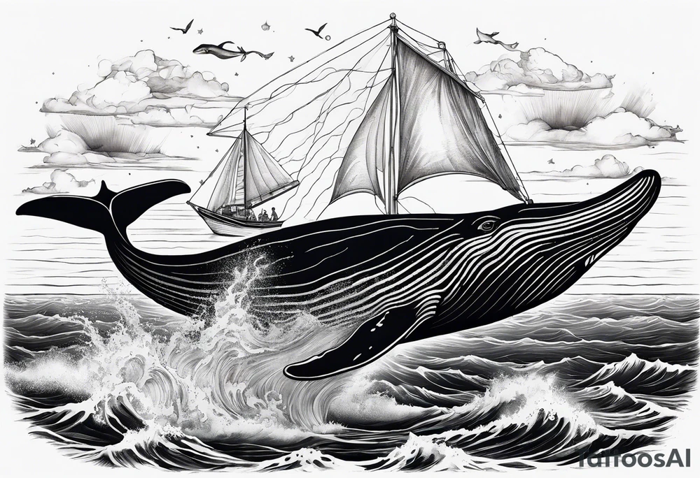 sperm whale jumping out of the water with the Virgo in the sky and a sail boat at sea tattoo idea