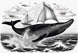 sperm whale jumping out of the water with the Virgo in the sky and a sail boat at sea tattoo idea
