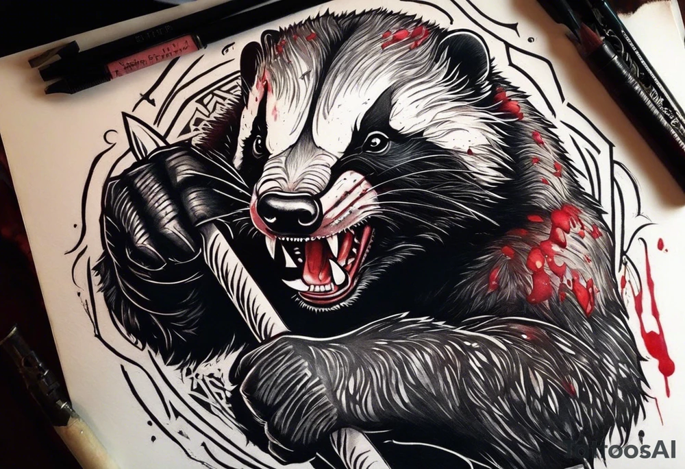 Draw me psychopath Fearless Honey Badger/Berserker with aggressive full body, killer face with a scary smile, very long nails and he attacks like a Bloody Assassin/Warrior/Gladiator to us and also, he has very deadly looking. He fights with his nails only. Everybody scares after their first sight. Give me horror type Badger Tattoo. I want to see his Realistic full body with no weapons. You can show destruction at the back. tattoo idea