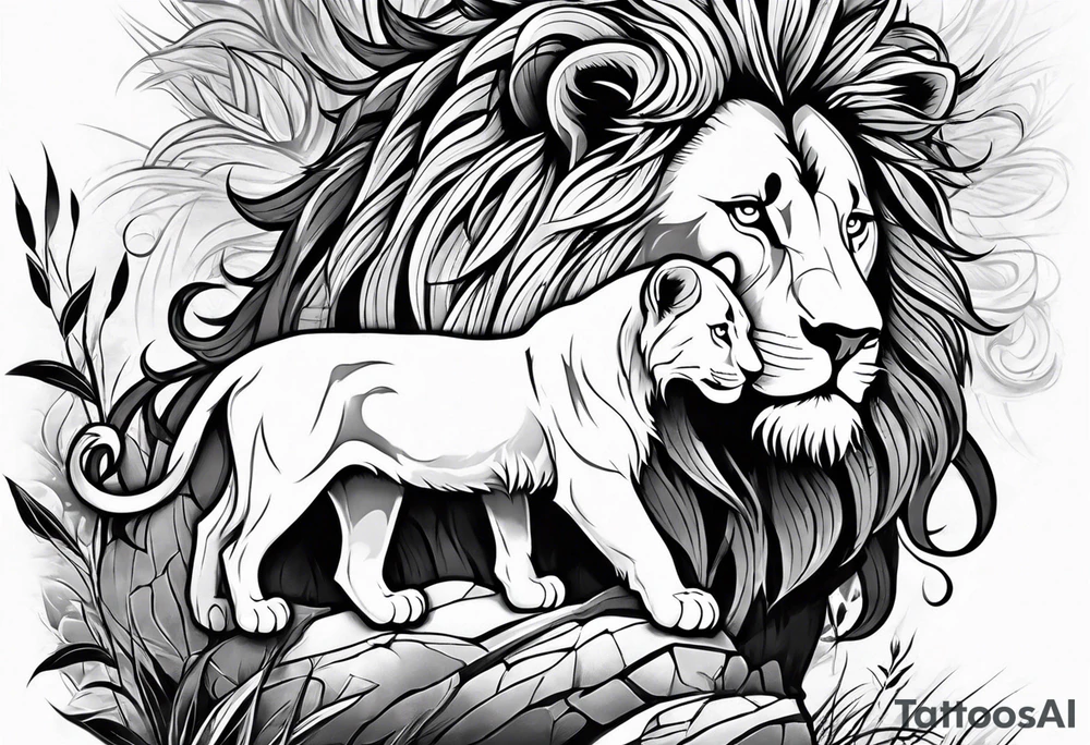 shoulder sleeve with lion and cub, landscape background tattoo idea