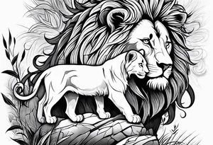 shoulder sleeve with lion and cub, landscape background tattoo idea