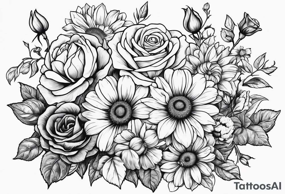 Roses, marigolds, cosmos, daisies, sweet peas and sunflowers vines tattoo idea