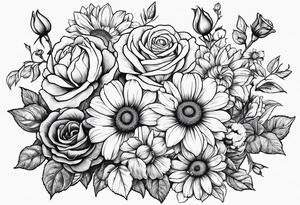 Roses, marigolds, cosmos, daisies, sweet peas and sunflowers vines tattoo idea