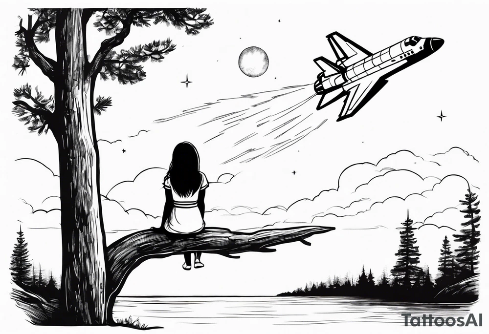 back of small girl in dress with long hair sitting on a tree branch watching a space shuttle launch in the distance tattoo idea