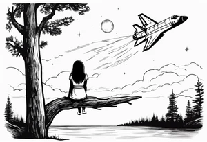 back of small girl in dress with long hair sitting on a tree branch watching a space shuttle launch in the distance tattoo idea