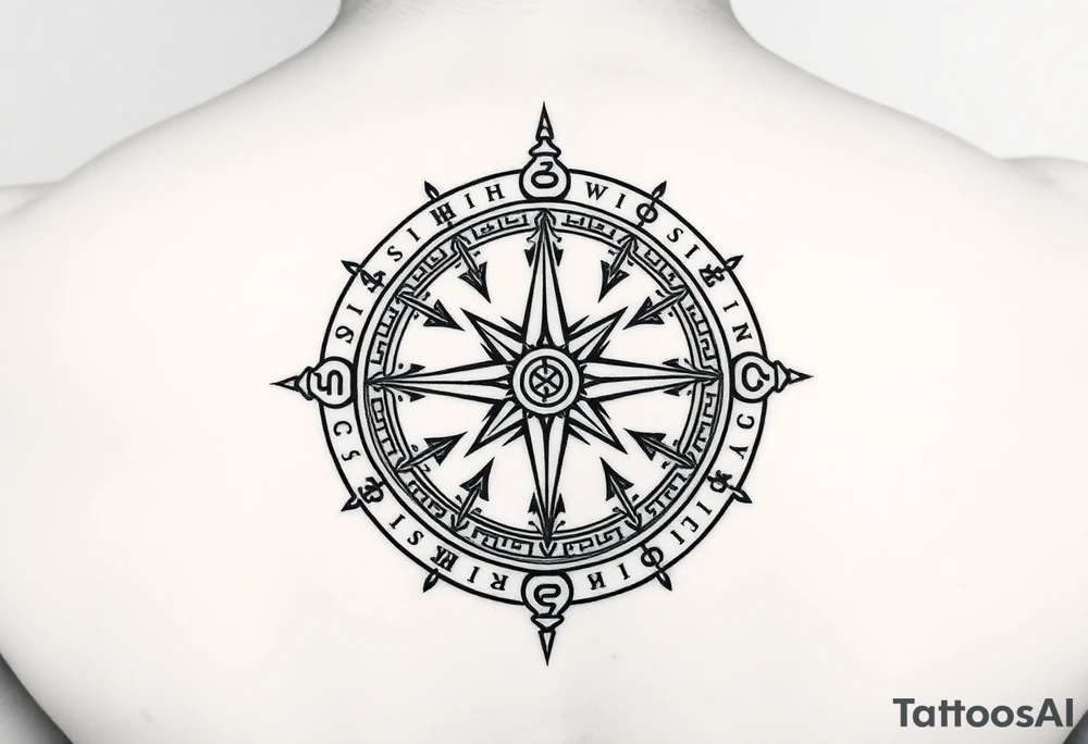Create a line work Viking compass using symbols for protection, wisdom, and knowledge from both the Aztec and Viking cultures. Make the image very simple and able to print. Outline only not a lot of thick black use Elder Futhark runes for protection, wisdom, and luck. Use Elder futhark runes. tattoo idea