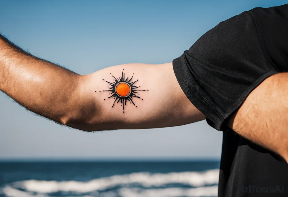 This is an extremely simple and minimalistic tattoo placed on male forearm. It is black and white with tiny splashes of orange from the sun. The tattoo is 4 inches wide by 2 inches tall. From the perspective of being on the ocean, the water is calm, with no waves in sight, the sun is setting behind the ocean, reflecting light onto the water. Most importantly, the tattoo is not in the shape of a circle. The water has shading. tattoo idea