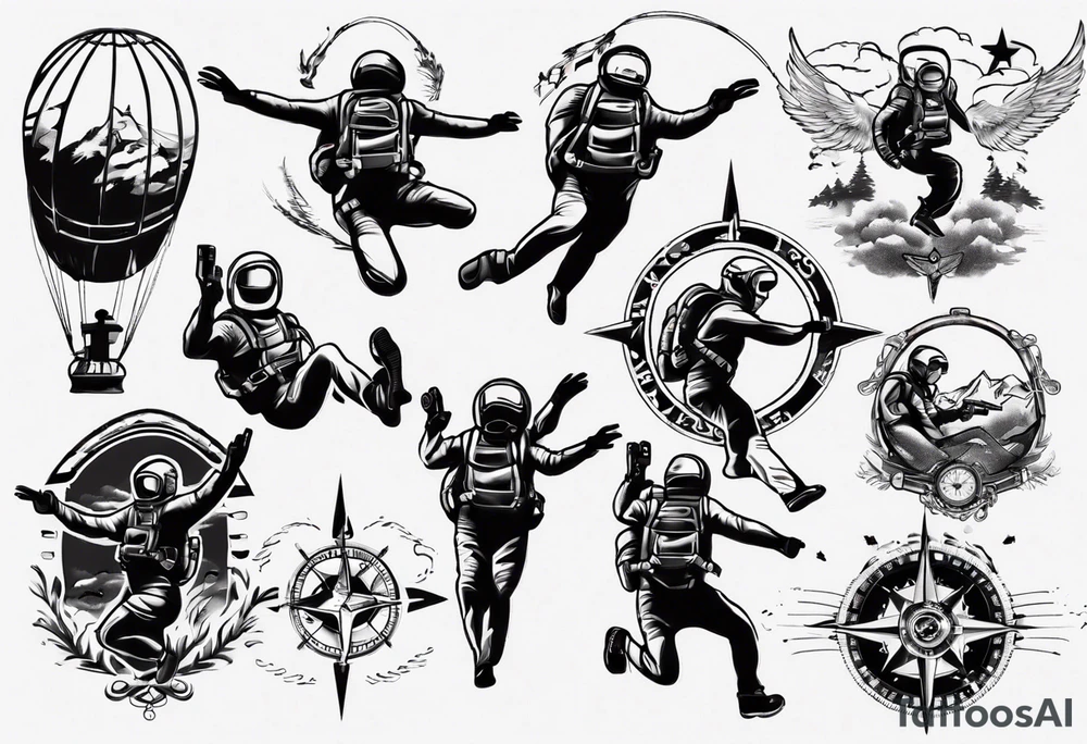 skydiving, shooting guns, adventure, compass tattoo idea