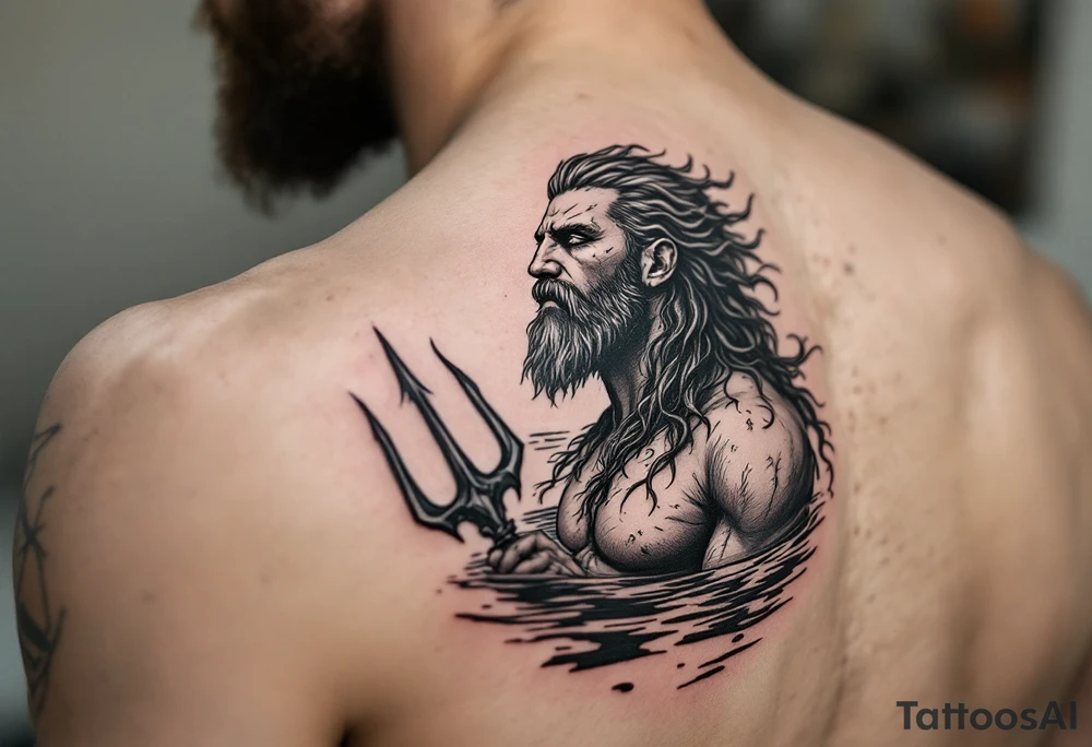 fit poseidon, with trident, in calm water, looking at the sky tattoo idea