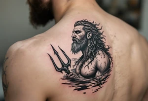 fit poseidon, with trident, in calm water, looking at the sky tattoo idea