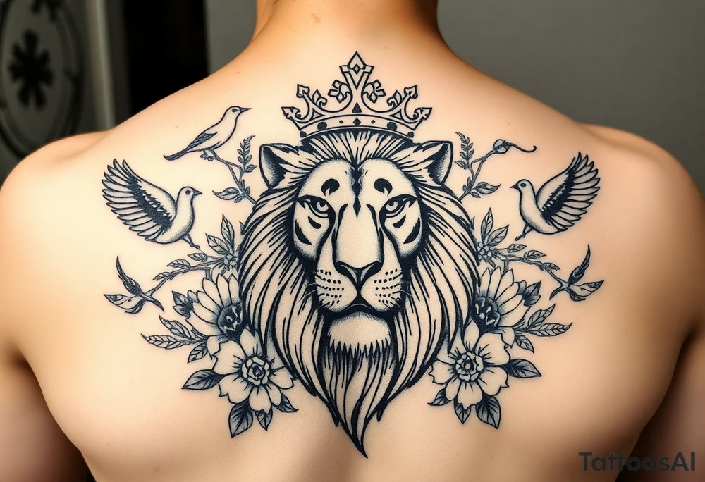 powerful majestic lion with a crown, surrounded by floral ornaments and birds tattoo idea