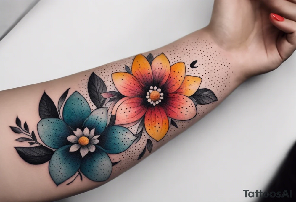 Arm tattoo of colorful flowers tattoo idea
