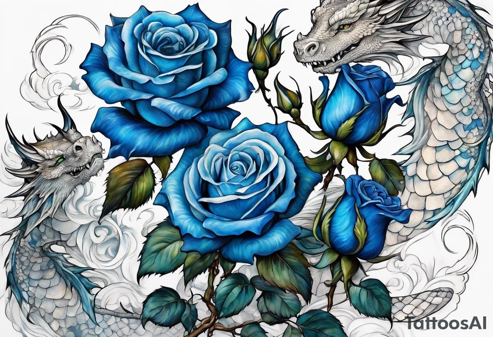 bouque of blue roses and dragons tattoo idea