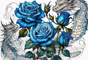 bouque of blue roses and dragons tattoo idea