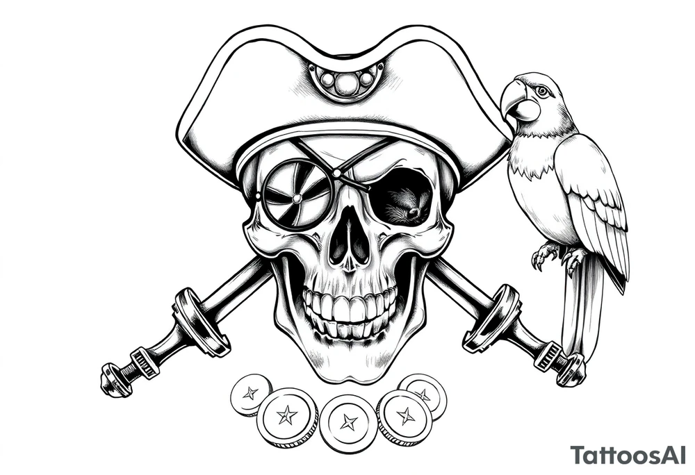 skull with eye-patch,pirate-hat,sabers,parrot,coins. tattoo idea