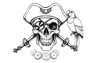 skull with eye-patch,pirate-hat,sabers,parrot,coins. tattoo idea