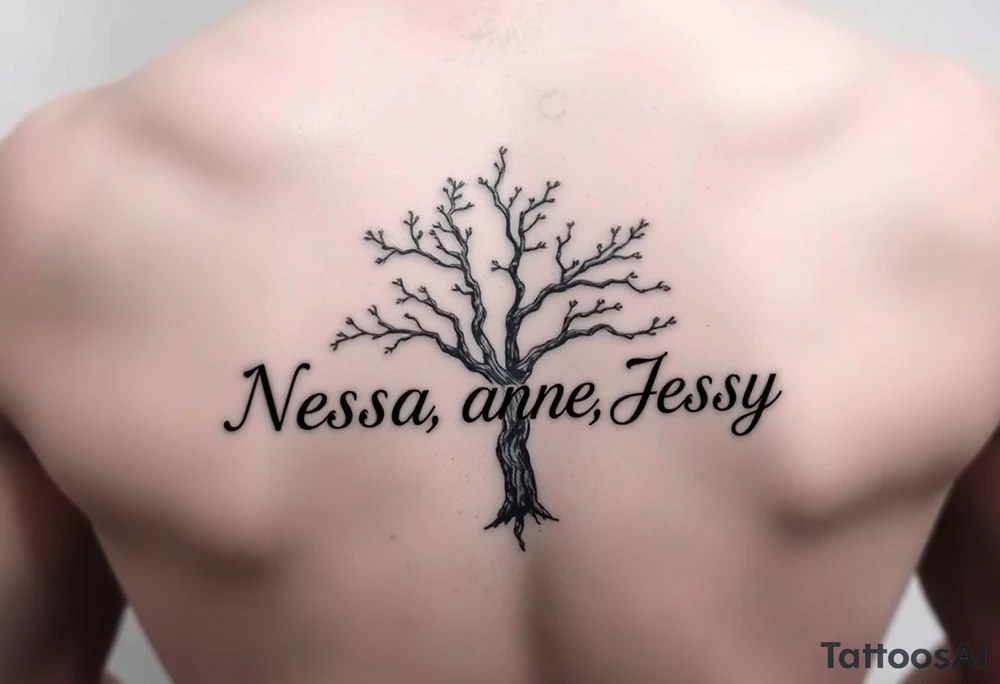 the name Nessa, Anne, Jessy in a live tree tattoo idea