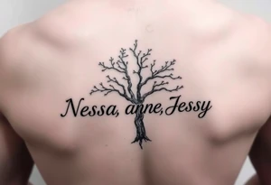 the name Nessa, Anne, Jessy in a live tree tattoo idea