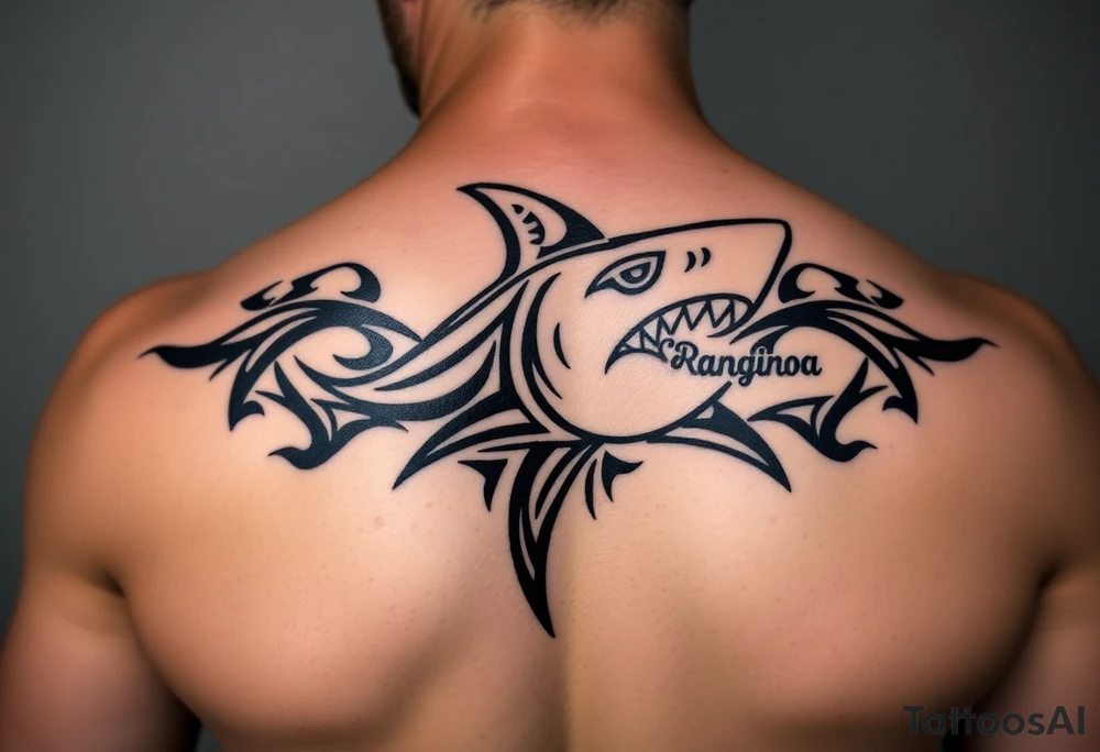 hammer head shark with Rangiroa text on the back tattoo idea
