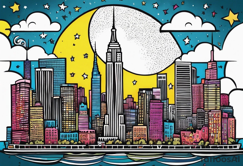 La ciudad de Nueva York con el Chrisler building y la luna como sfondo en estilo chicano tattoo idea