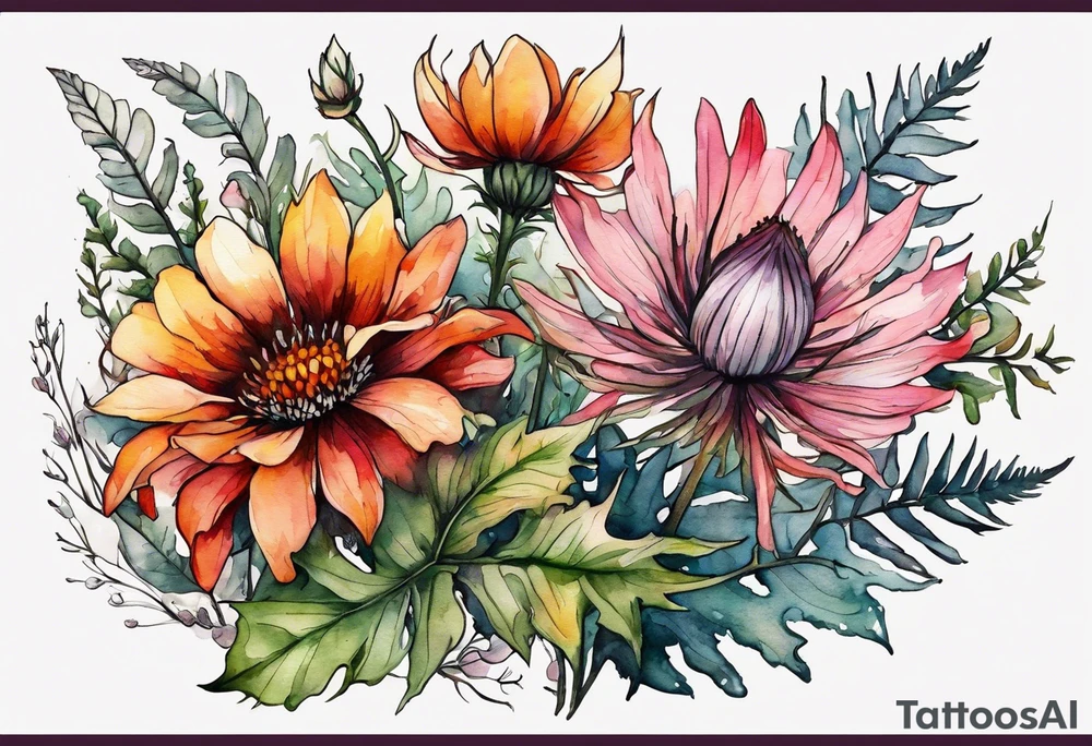 wildflowers with thistles, ferns, burnt orange flower, white flowers, pink flowers, red flowers and yellow flowers all in watercolor tattoo idea