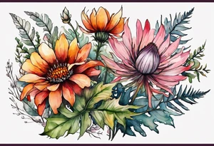 wildflowers with thistles, ferns, burnt orange flower, white flowers, pink flowers, red flowers and yellow flowers all in watercolor tattoo idea