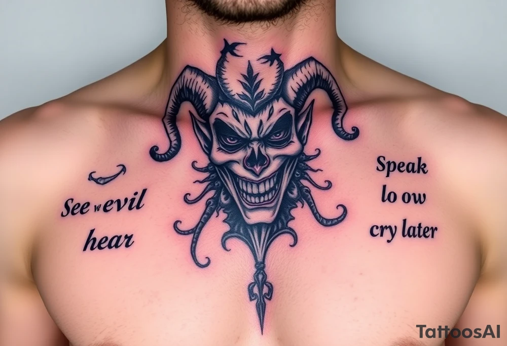 jester see no evil hear no evil speak no evil laugh now cry later tattoo idea