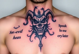 jester see no evil hear no evil speak no evil laugh now cry later tattoo idea