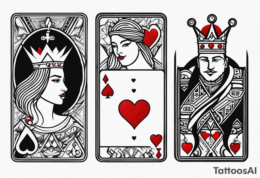 one combined tatto in minimalistic style with icon style three king of spades and icon style one queen of hearts. extreme minimalstic and few lines tattoo idea