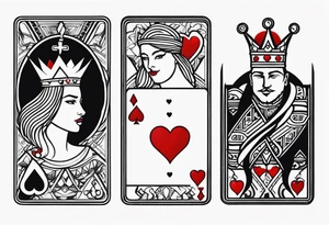 one combined tatto in minimalistic style with icon style three king of spades and icon style one queen of hearts. extreme minimalstic and few lines tattoo idea