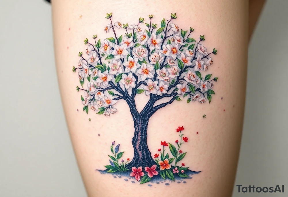 Flowering hawthorne tree with white lilly of the vally bell plants planted by  tree with other colorful  lilly plants on ground tattoo idea