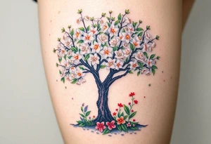 Flowering hawthorne tree with white lilly of the vally bell plants planted by  tree with other colorful  lilly plants on ground tattoo idea
