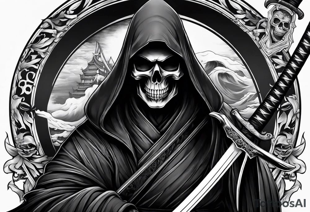 katana with grim reaper and skull tattoo idea