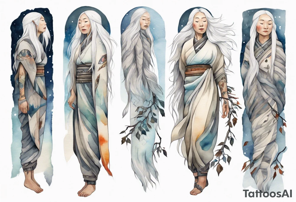 a solitary Inuit woman with long white hair holding onto a birch branch tattoo idea