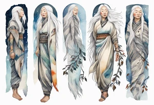 a solitary Inuit woman with long white hair holding onto a birch branch tattoo idea