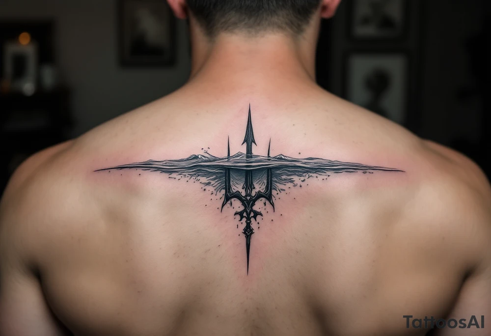 trident half way under water tattoo idea