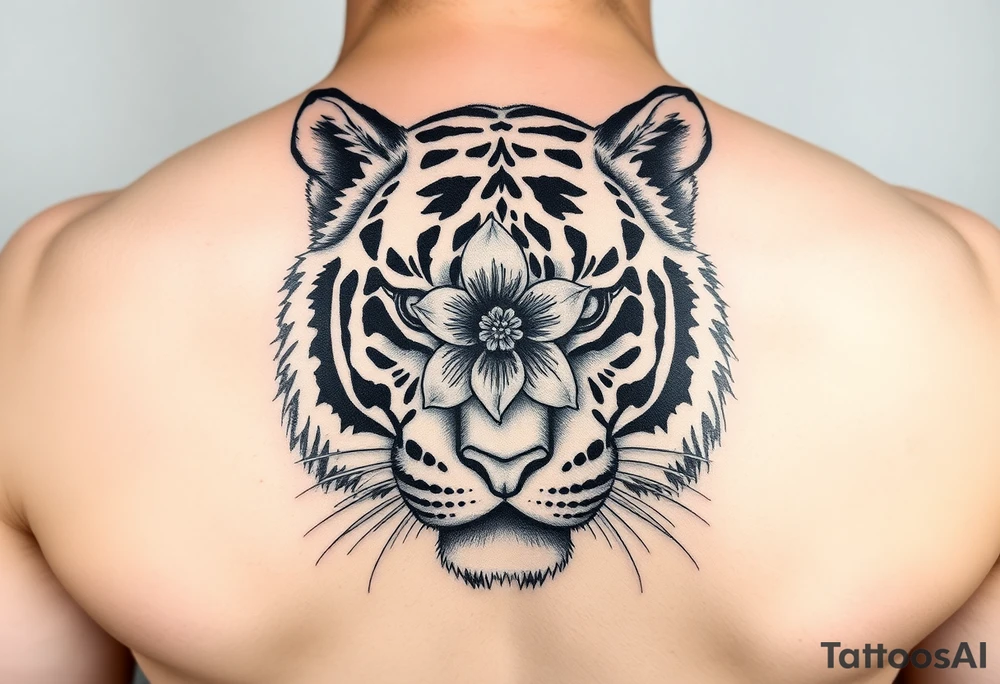 tiger with flower in the pupil of the eye. add more color tattoo idea