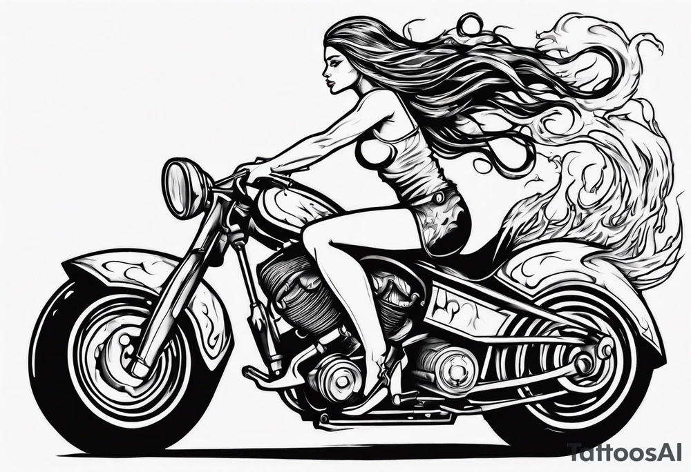 i want a tattoo of a girl riding a motorcycle with flames the words “Viking Customs” tattoo idea